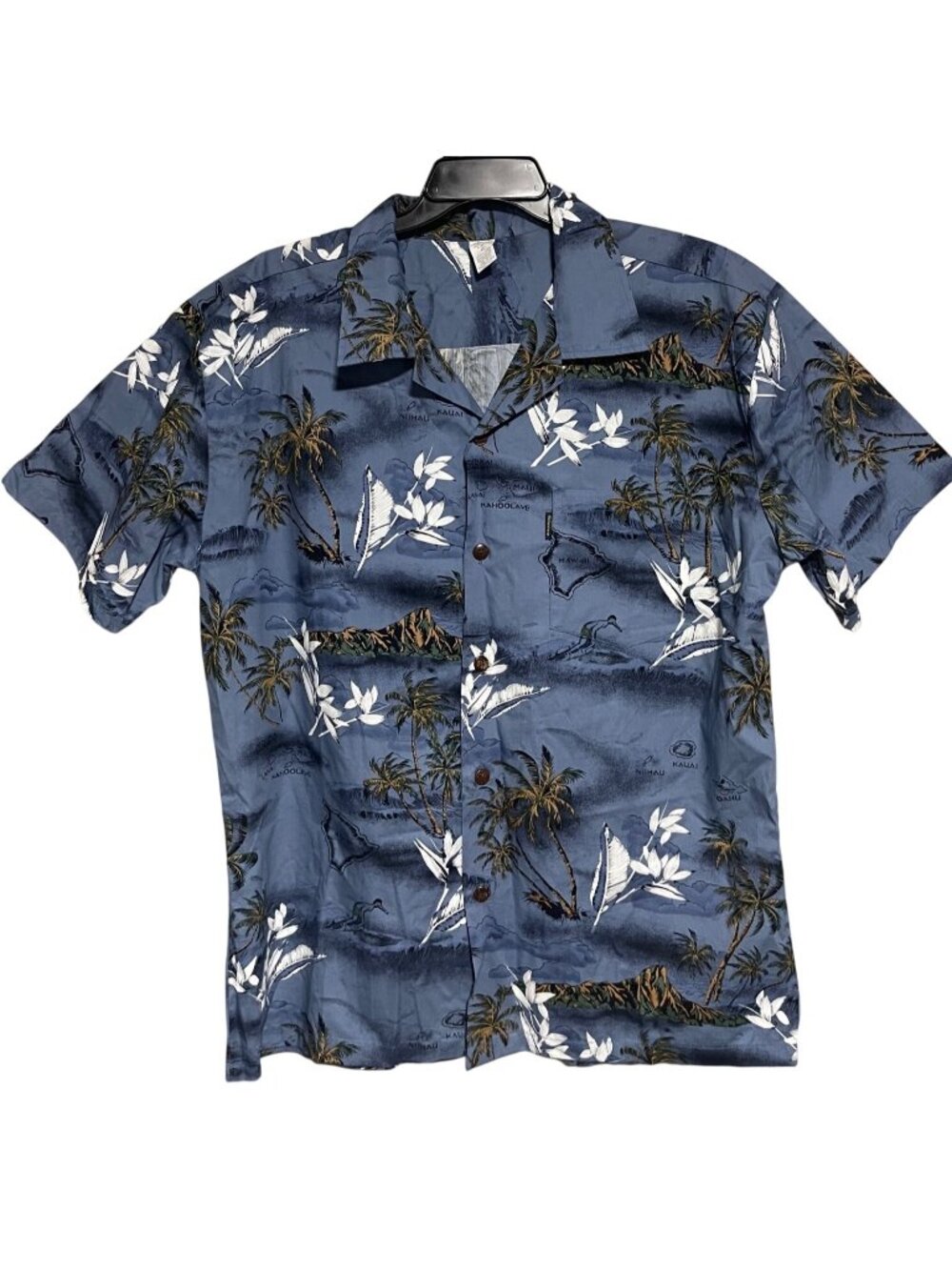 Palmwave Hawaii Mens Blue Hawaiian Button Up Shirt Island Map Print XL Resort We